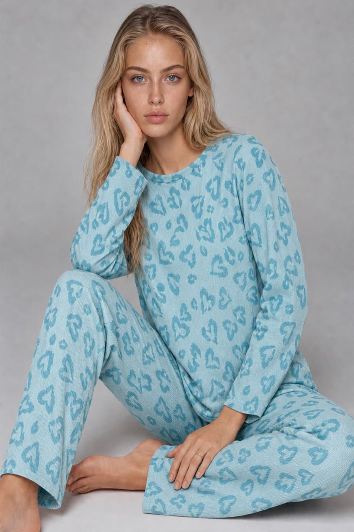 Kadın Desenli Uzun Kollu Mint Yeşili Pijama Takımı 4760