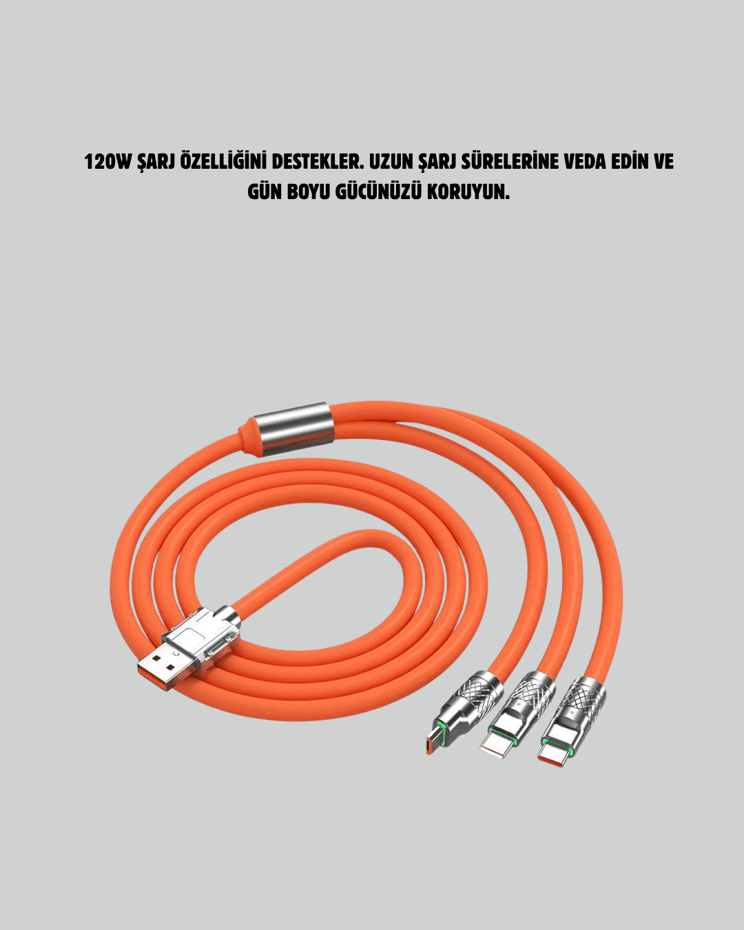 3'ü 1 Arada Çinko Alaşımlı 120W USB Şarj Kablo 1,2m