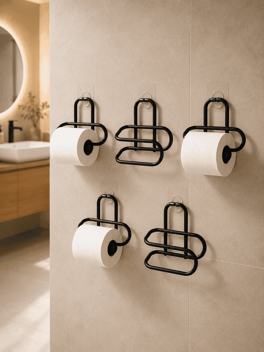 Yapışkanlı Duvar Tipi Siyah Metal Tuvalet Kağıdı Tutucu 5'li Set