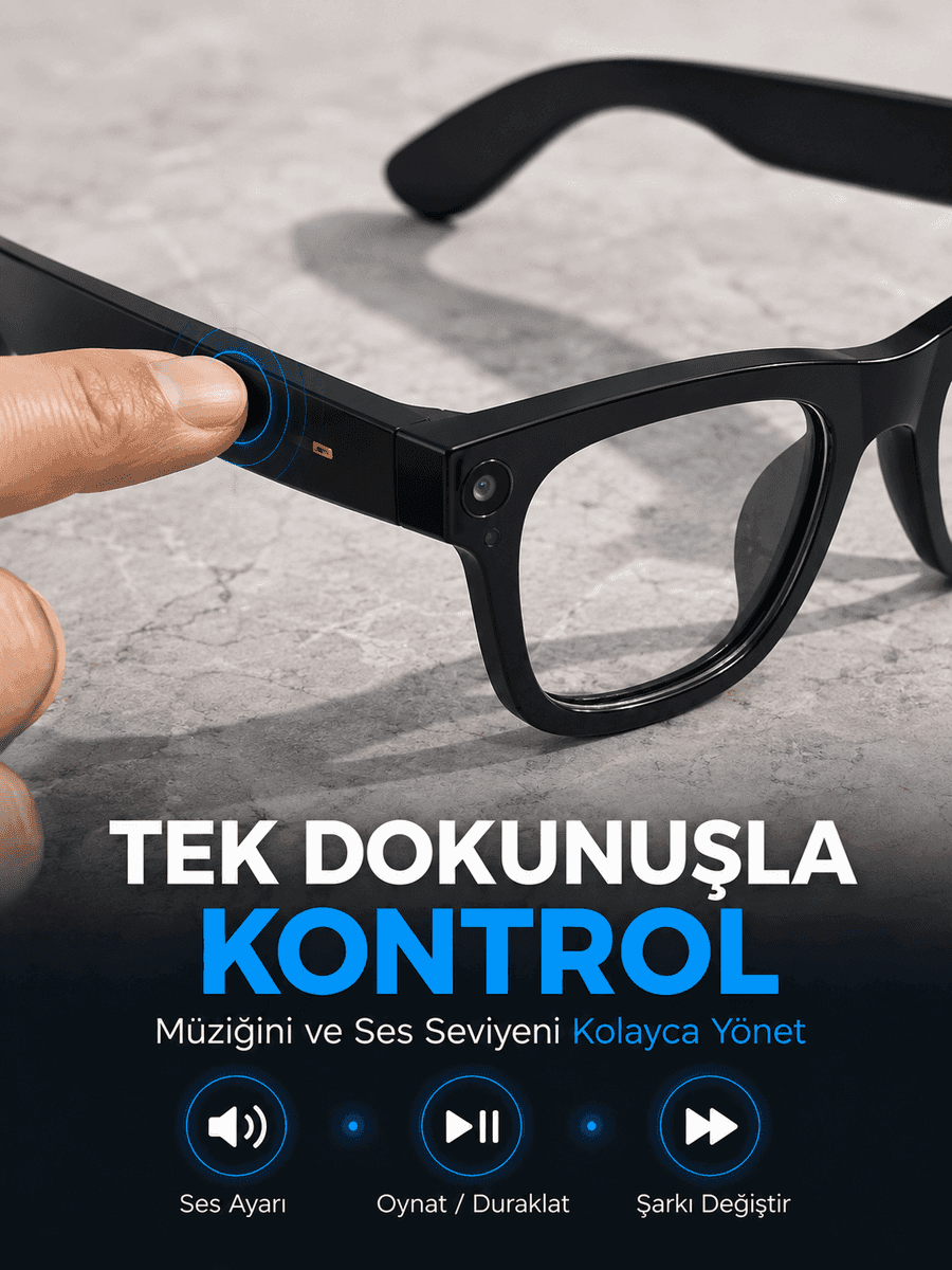 Özellikli Siyah AI Destekli Akıllı Gözlük Dahili Kameralı Çoklu Dil Çeviri