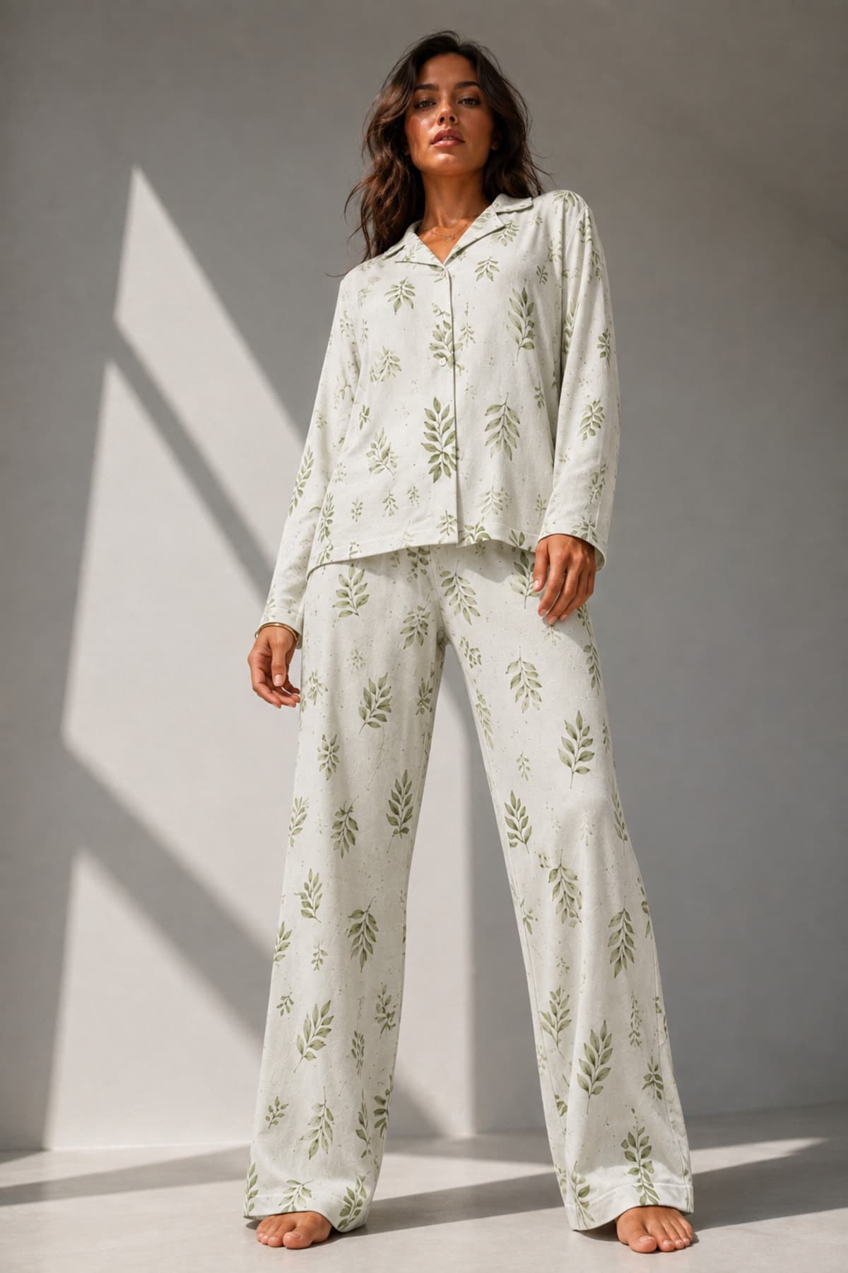 Kadın Uzun Kol Pamuklu Çağla Yeşili Pijama Takımı
