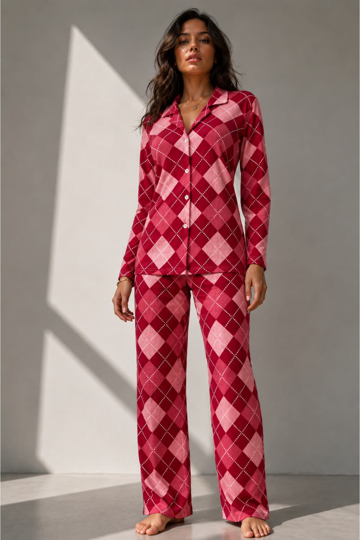Kadın Uzun Kol Pamuklu Kırmızı Pijama Takımı