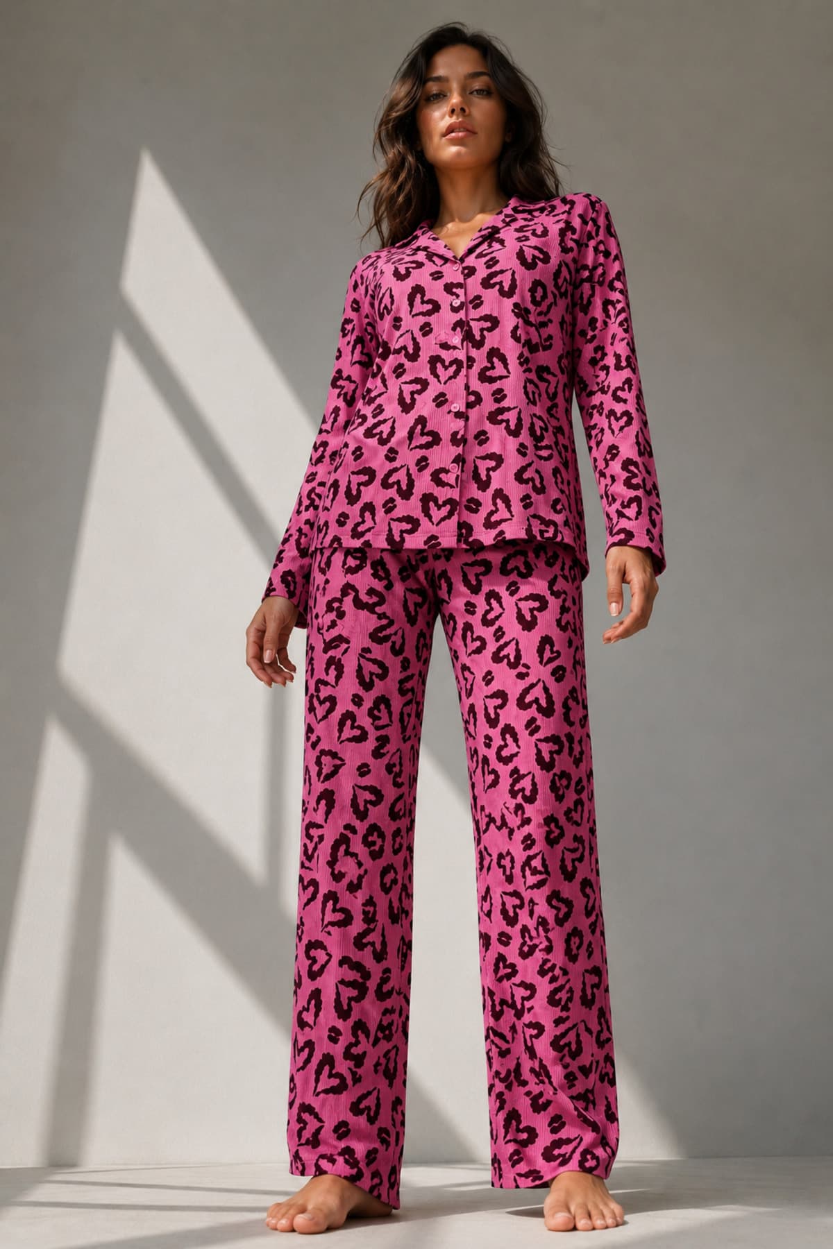 Kadın Uzun Kol Pamuklu Lila Pijama Takımı