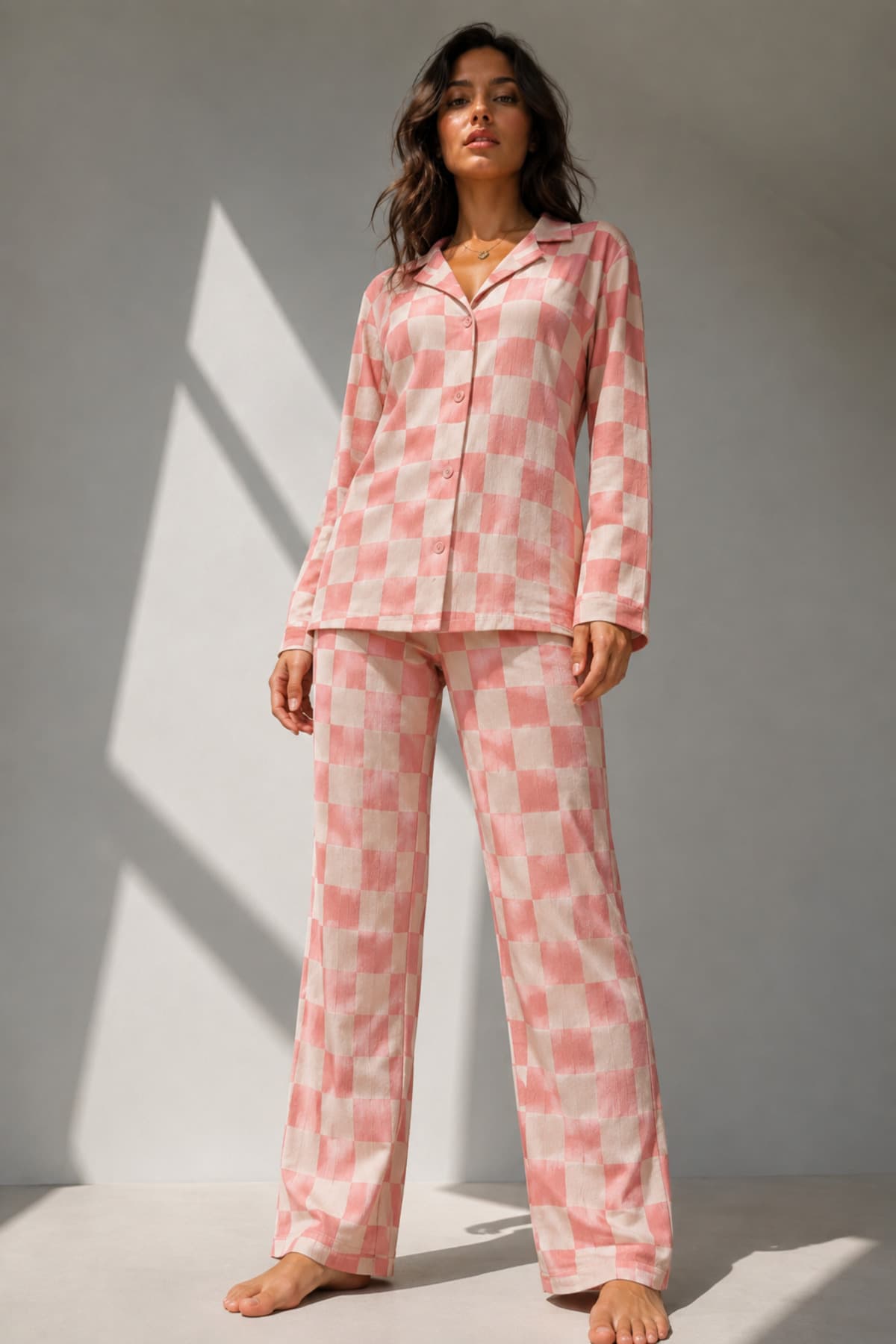Kadın Uzun Kol Pamuklu Pembe Pijama Takımı