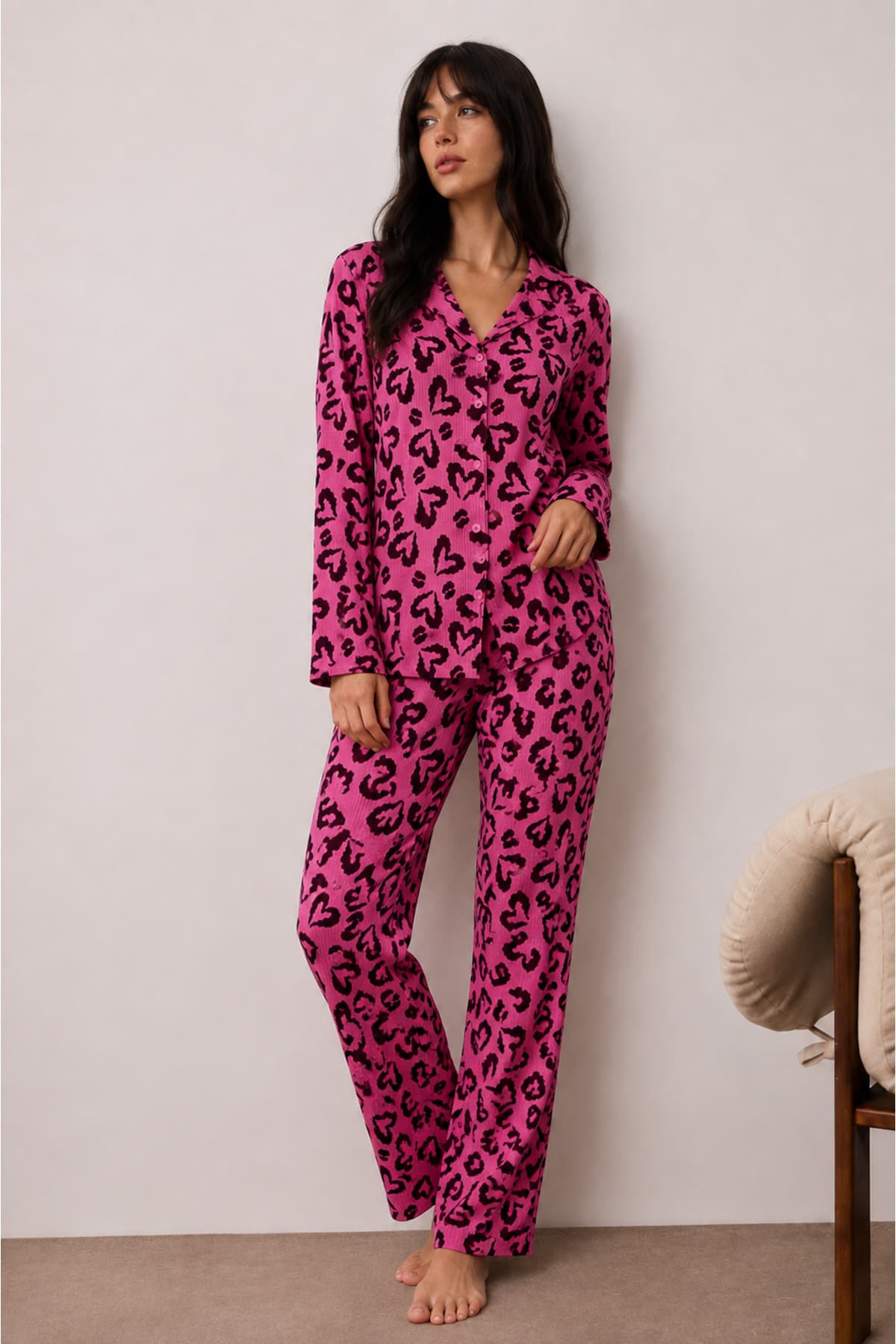 Kadın Düğmeli Kışlık Ev Lila Pijama Takımı