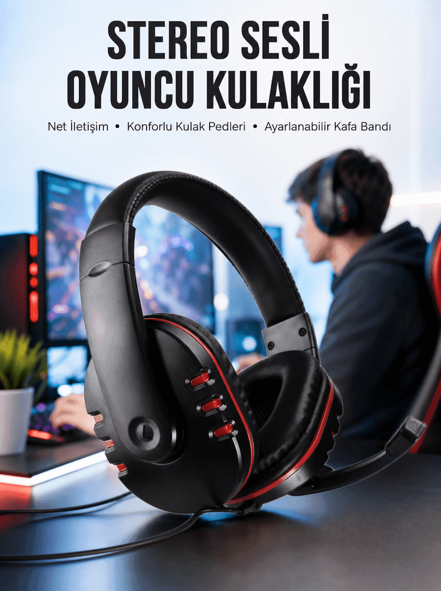 Oyuncu Kulaklığı Kulak Üstü Kablolu Stereo Mikrofonlu Yumuşak Kulak Yastığı