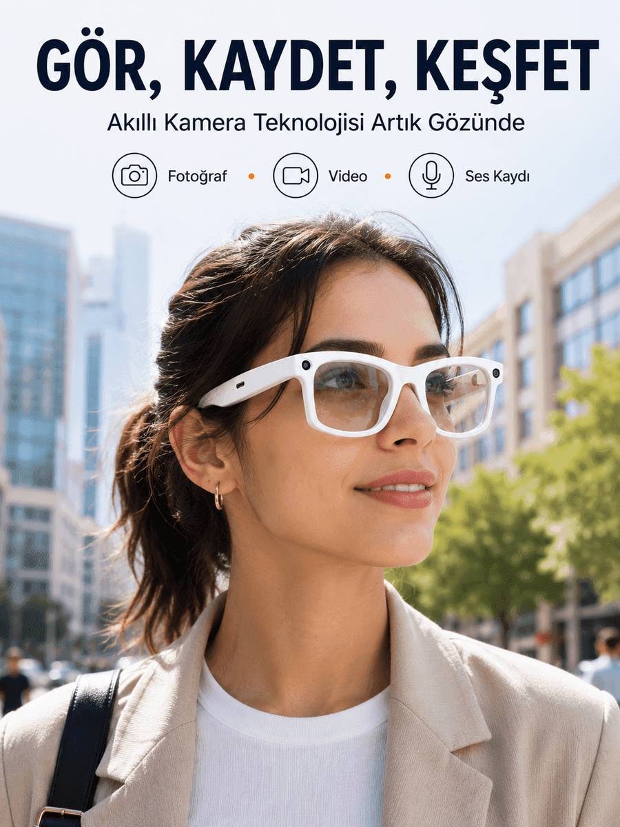 Lensli Beyaz Akıllı Kamera Gözlüğü Fotoğraf Video Çekimli Bluetooth Aramalı AI