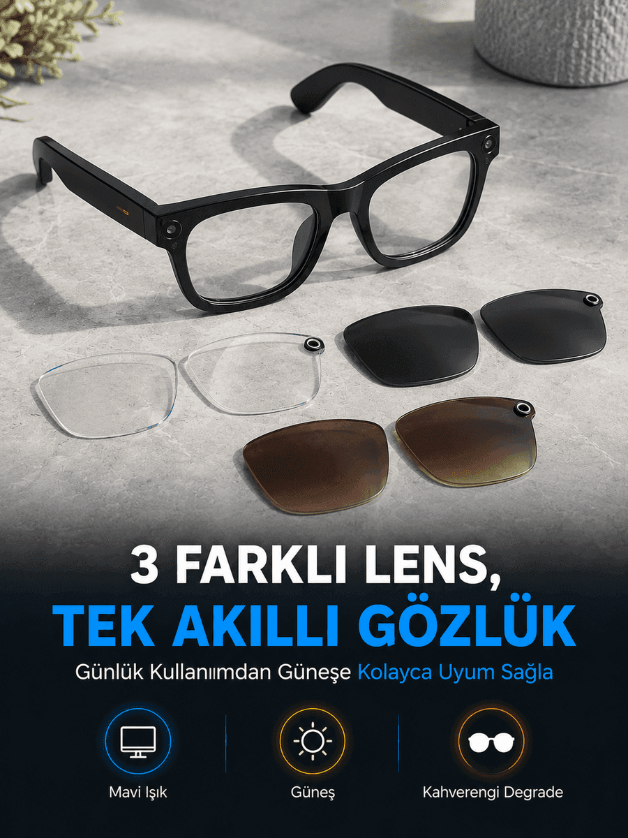 Lensli Siyah Akıllı Kamera Gözlüğü Fotoğraf Video Çekimli Bluetooth Aramalı AI
