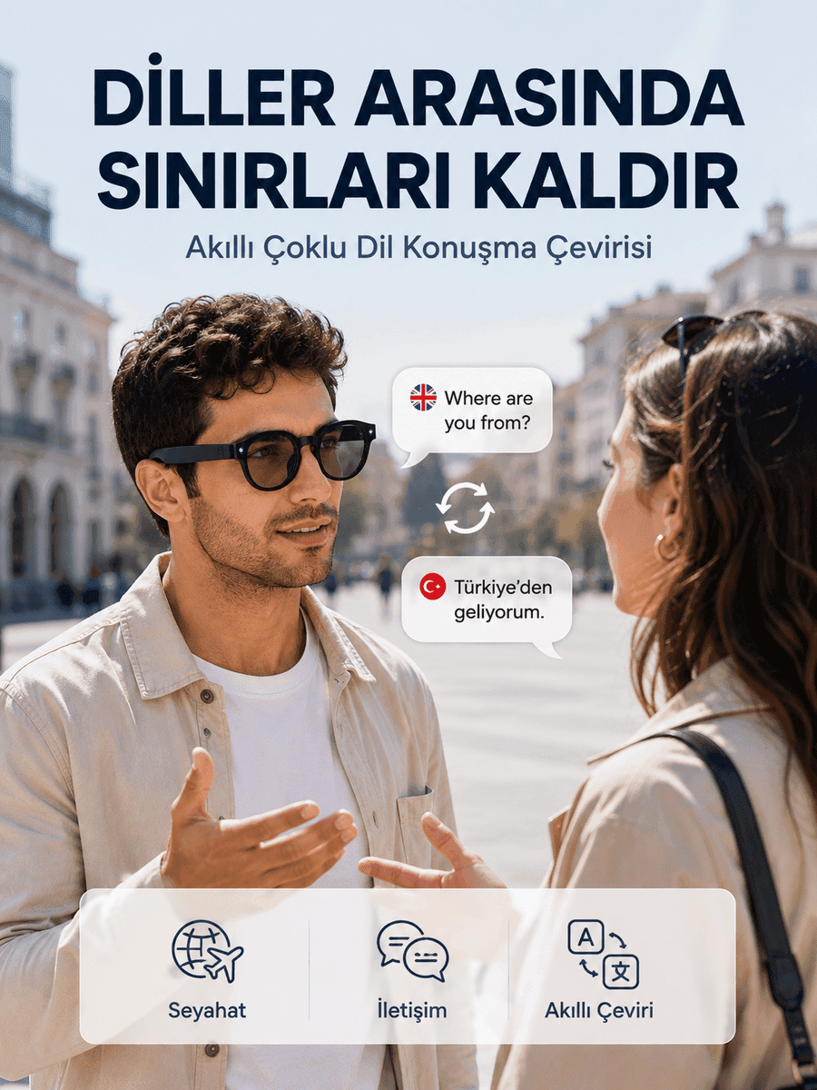 Siyah AI Akıllı Gözlük Fotoğraf Video Ses Kayıtlı Çoklu Dil Çeviri Bluetooth