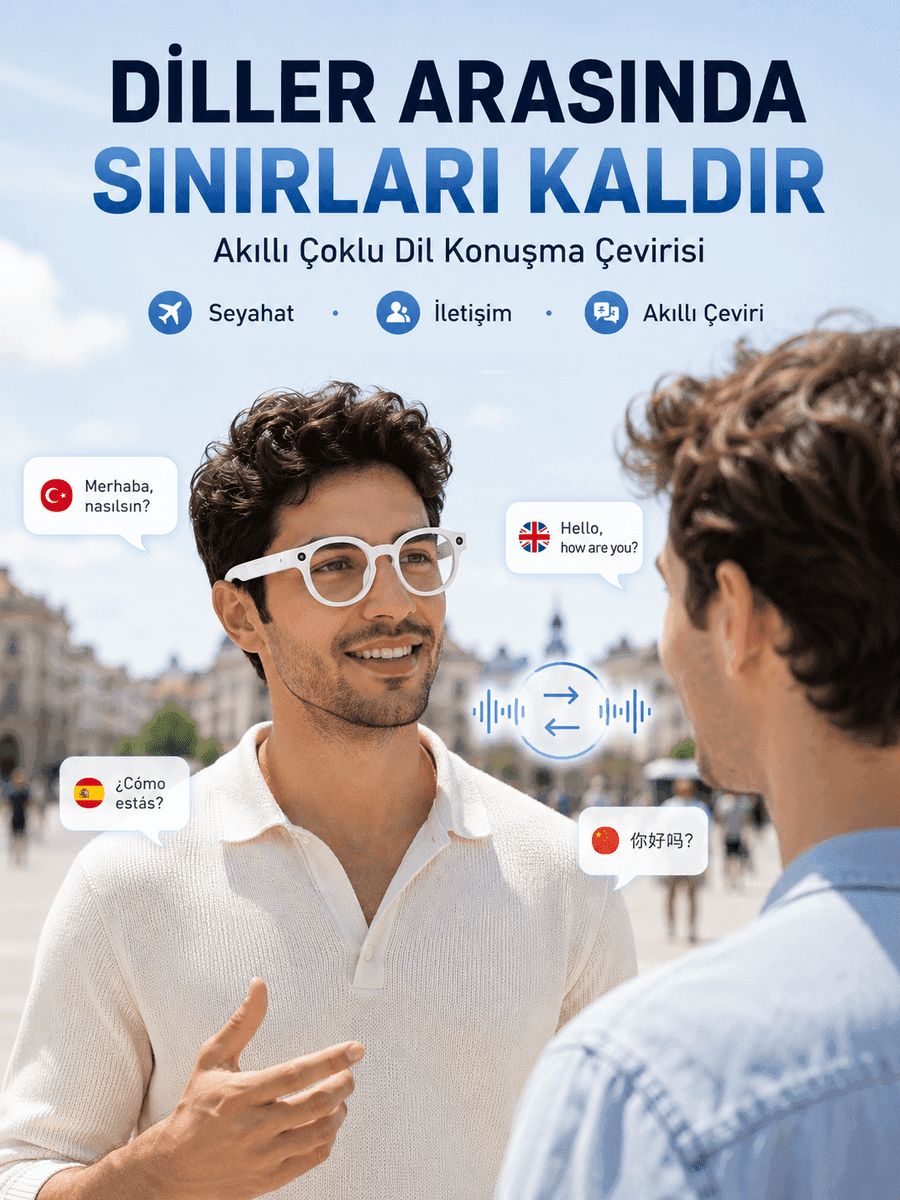 Kontrollü Beyaz Kameralı Akıllı Gözlük Yapay Zeka Görüntü Tanıma Bluetooth